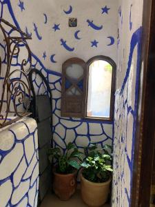 eine blau-weiße Wand mit Pflanzen und einem Fenster in der Unterkunft dream house sebanine in Chefchaouen