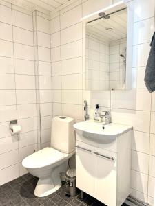 a white bathroom with a toilet and a sink at Turku Central Luxury Modern Cozy Flat 69m2 in Turku