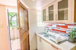 a kitchen with a sink and a colorful wall at Brooklyn's Holiday Home in Pretoria +18 photos