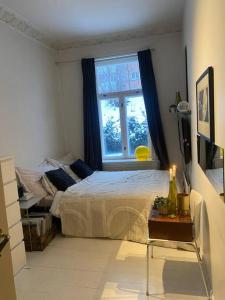 a bedroom with a bed and a window at Lovely two bedroom flat in central Oslo in Oslo
