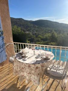 a table on a balcony with a view of the water at Villa Magnolia in Seillans