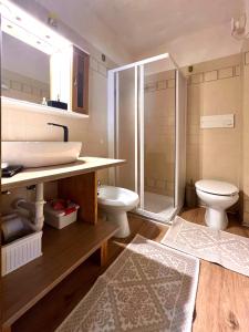 La salle de bains est pourvue d'un lavabo, de toilettes et d'une douche. dans l'établissement Piccolo Nido Falcade, à Falcade