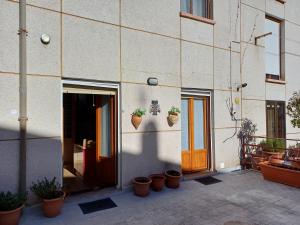 un edificio con macetas al costado. en Apartamento Puerta del Pirineo, en Sabiñánigo