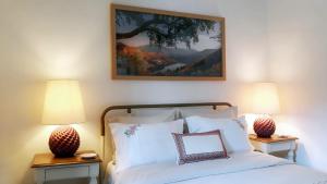 1 dormitorio con 1 cama con 2 lámparas y 1 pintura en Casa dos Vinhais - Douro Valley, en Coleja