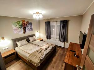 ein kleines Schlafzimmer mit einem Bett und einem TV in der Unterkunft L&H Apartment in Odorheiu Secuiesc