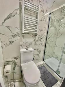 a bathroom with a toilet and a shower at THE ROYAL BOUTIQUE STUDIO BY LONDON HEATHROW UK, PRIVATE APARTMENT OFFER's FREE PARKING, WIFI , KITCHEN & LAUNDRY SERVICES, SLEEP 6 in Hayes