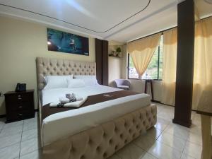 ein Schlafzimmer mit einem großen Bett in einem Zimmer mit einem Fenster in der Unterkunft HOTEL ORILLAS DEL ZAMORA in Zamora
