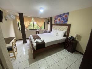 ein Schlafzimmer mit einem Bett, einem Stuhl und einem Fenster in der Unterkunft HOTEL ORILLAS DEL ZAMORA in Zamora