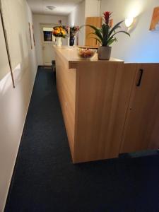 un cubículo de oficina con un mostrador con flores. en Hotel Heidekrug in Pinneberg, en Appen