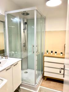 a glass shower in a bathroom with a sink at Studio Pin Rolland, presqu’île Saint-Mandrier in Saint-Mandrier-sur-Mer