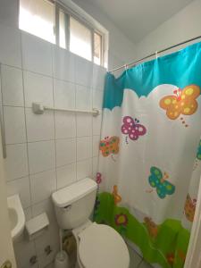y baño con aseo y cortina de ducha. en Cómoda casa para familias y/o amigos, en Coyhaique