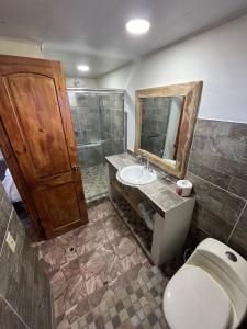 a bathroom with a toilet and a sink and a mirror at Hotel y Restaurante Mama Ines in Santa Catalina