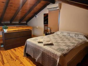 1 dormitorio con 1 cama y vestidor en La Cabañita en Villa General Belgrano