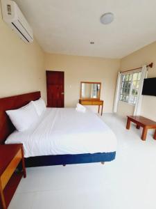 a bedroom with a large white bed and a tv at Casa Azul Cielo in Dzilam de Bravo