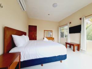 a bedroom with a large white bed and a window at Casa Azul Cielo in Dzilam de Bravo