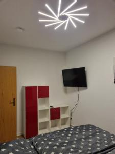 una camera con letto e TV a schermo piatto di Ferienwohnung im Villenviertel Ilmenau a Ilmenau