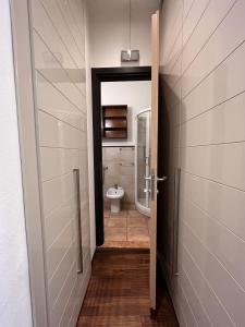 a bathroom with a shower and a toilet in it at Dall’antiquario in Parma