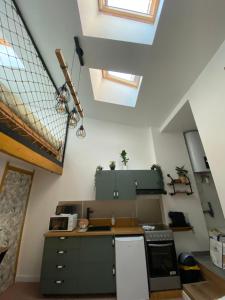 an attic kitchen with green cabinets and skylights at Bienvenue chez Jules *Verne* in Amiens