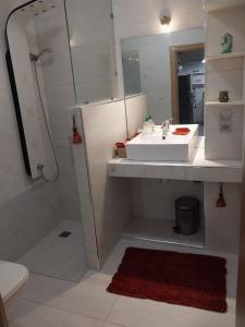 ein weißes Bad mit einem Waschbecken und einer Dusche in der Unterkunft Bel appartement de 54 M² bien meublé situé au coeur de Marrakech et à proximité de toute commodité in Marrakesch