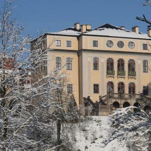 a large building with snow on the ground at Woody Cabin in Buttelstedt