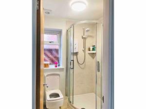 a bathroom with a shower and a toilet at Entire Flat Free Parking Quiet Area *Self-Check In in Headingley