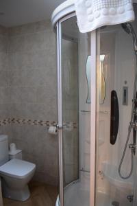 a bathroom with a shower with a toilet and a phone at Freeman Hot Tub House, Free Parking, Transport Links in Longbenton