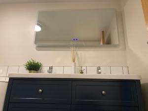 a bathroom with a sink and a mirror at Smart 4K TVs in all bedrooms double vanity sink in Belfast