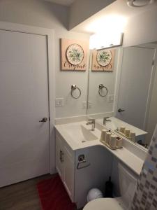 a bathroom with a sink and a toilet and a mirror at A Modern & Homely 1 BR Suite in Winnipeg