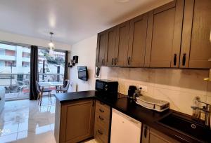 a kitchen with wooden cabinets and a counter top at Cosy Studio 200 m from Nice Beach & Promenade des Anglais in Nice