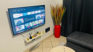 a flat screen tv on a wall with a vase at Damo’s Place by Mall of Africa in Midrand
