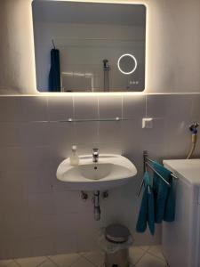 een badkamer met een witte wastafel en een spiegel bij Schubert Park Apartment near Volksopera Vienna in Wenen