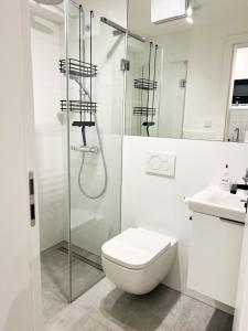 a bathroom with a toilet and a glass shower at Suite One Einsteinstraße in Munich