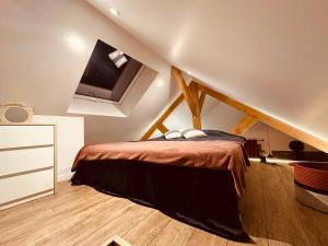 una camera con letto e TV sul soffitto di La P’tite Maison a La Vaupalière