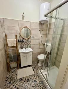 uma casa de banho com um chuveiro, um WC e um lavatório. em OLD TISA Apartment em Senta