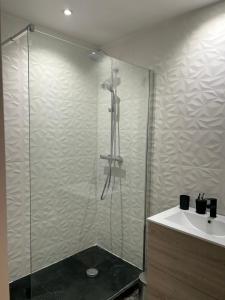 La salle de bains est pourvue d'une douche et d'un lavabo. dans l'établissement Résidence les Lilas, à Soyaux