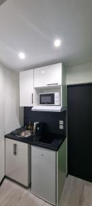 a small kitchen with a sink and a microwave at Studio Aloe tout confort rénové in Saint-Quentin