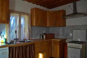 - une cuisine avec des placards en bois, un évier et une cuisinière dans l'établissement Casa Visovan, à Sighetu Marmaţiei