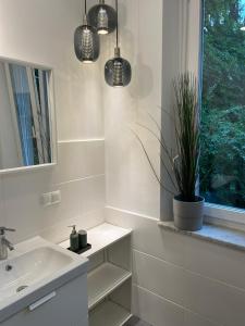 a bathroom with a sink and a potted plant at City Apartment Messe Graz Amélie in Graz