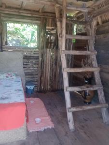 a room with a bed and a ladder in a cabin at Cabana família coruja in Camaçari
