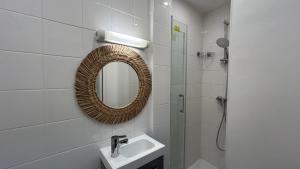 a bathroom with a mirror and a sink at Cozy studio in Paris 15eme in Paris