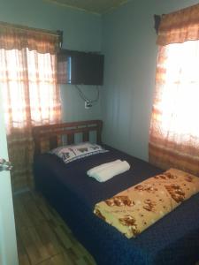 1 dormitorio con 2 camas, TV y ventanas en Casa árbol, en Aguas Zarcas