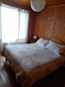 1 dormitorio con 1 cama grande y pared de madera en Refugio Humboldt en Punta de Choros