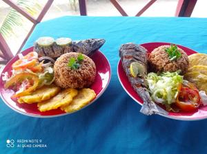 Moñitos的住宿－HOSTAL BELLEZA TROPICAL，蓝色桌子上的两盘食物