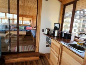 a kitchen with a counter and a sink in a room at Puerto Austral in Puerto Varas