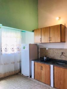 a kitchen with wooden cabinets and a white refrigerator at Grecovich House in Encarnación