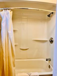 La salle de bains est pourvue d'une baignoire et d'un rideau de douche. dans l'établissement Fundy Line Motel, à Miramichi