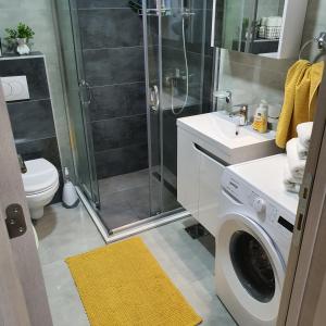 a bathroom with a shower and a washing machine at JR Lux apartman in Stara Pazova