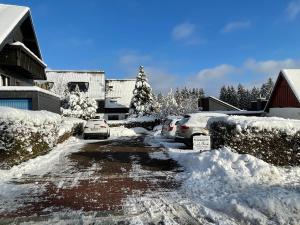 a driveway covered in snow with cars parked at Zimmer mit Aussicht in Schulenberg im Oberharz