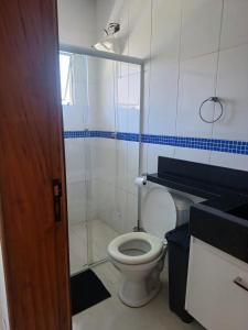 La salle de bains est pourvue de toilettes et d'une douche en verre. dans l'établissement Casa mar sol e piscina, à Peruíbe