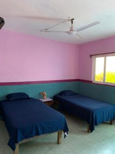 two beds in a room with pink and blue walls at Hostal y Temazcal Guemez in Pisté